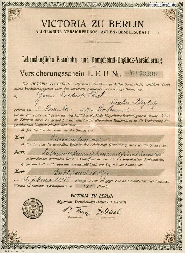 1918 Victoria Dampfschiff-Unglück-Versicherung klein