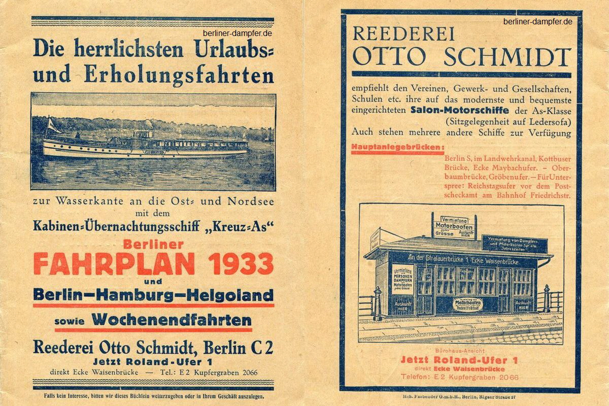 1933 Reederei Otto Schmidt Fahrplan - 01 und 02 - klein  Kreuz-As